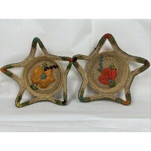Pair VTG Woven Nesting Baskets Star Kitsch Straw Raffia Flowers Retro 12"